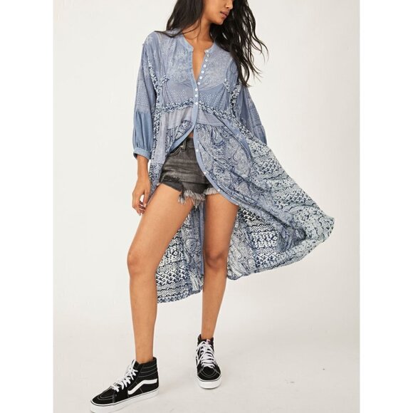 🎉FREE PEOPLE Oh My Maxi Top Cardi Dress Blouse Tunic / Indigo - Picture 5 of 10